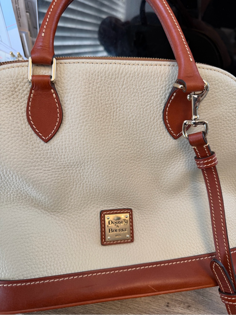 Dooney & Bourke Cream Pebble Leather Satchel with Brown Trim